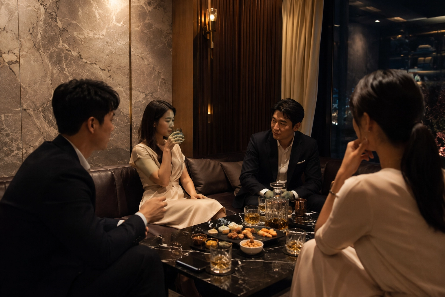 제주 술자리에서 초반 어색함이 느껴지는 프라이빗 라운지 분위기