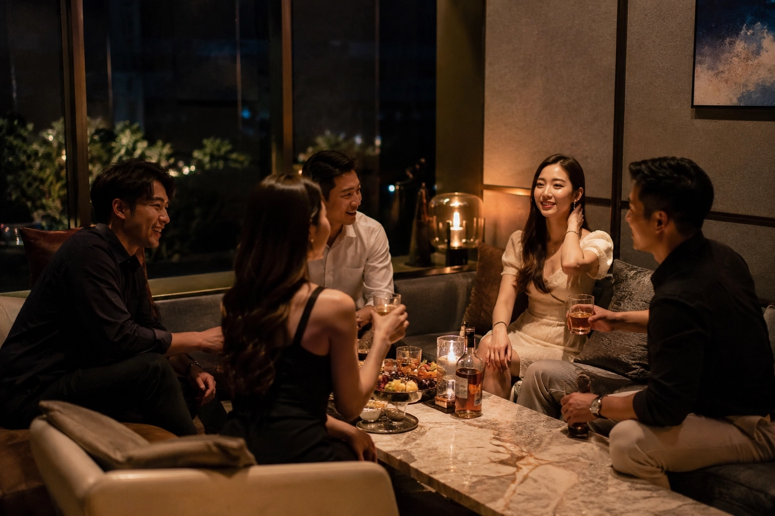 제주 프라이빗 술자리에서 편안하게 대화를 나누는 단체 모임