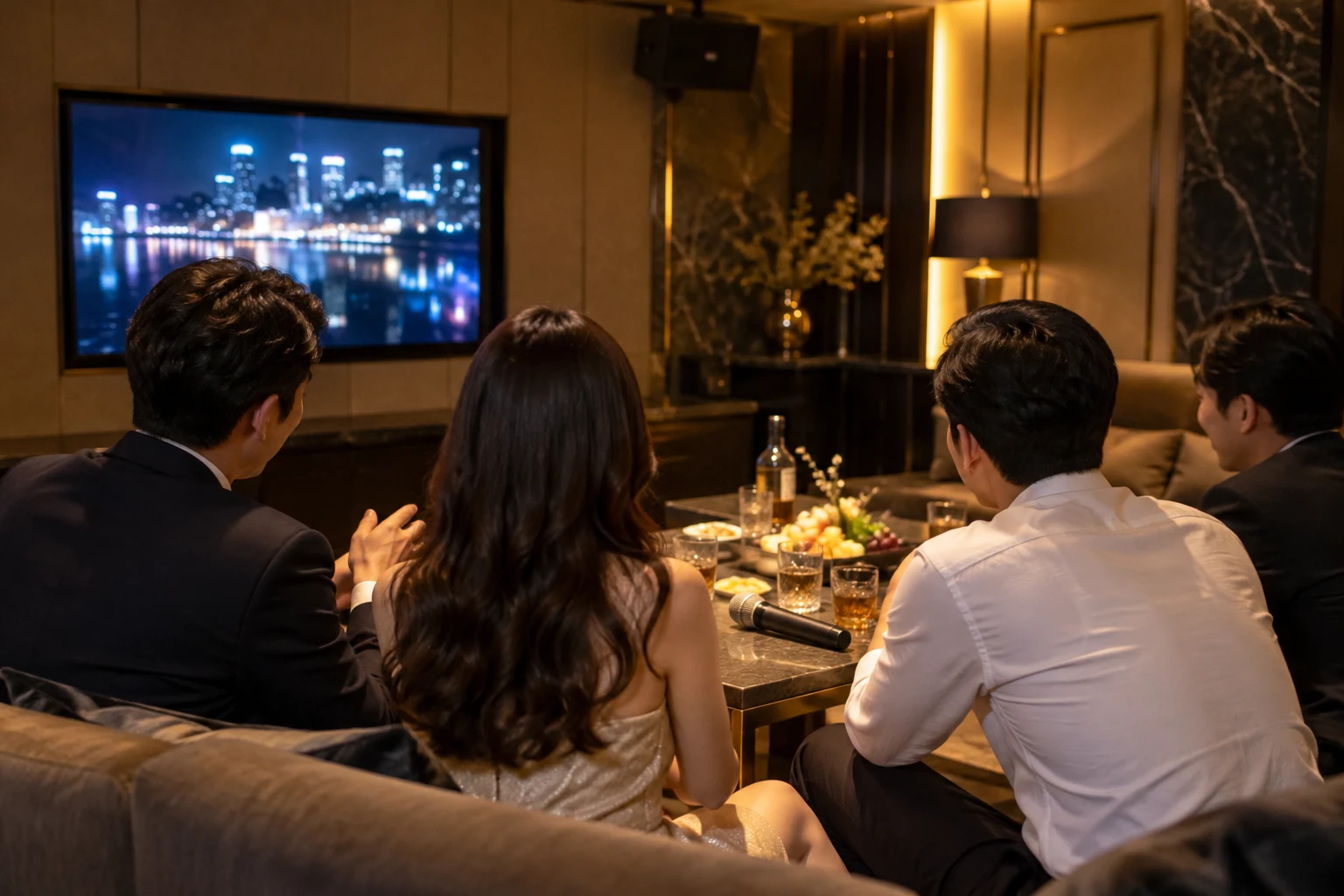 마이크를 내려놓고 함께 대화하는 일행